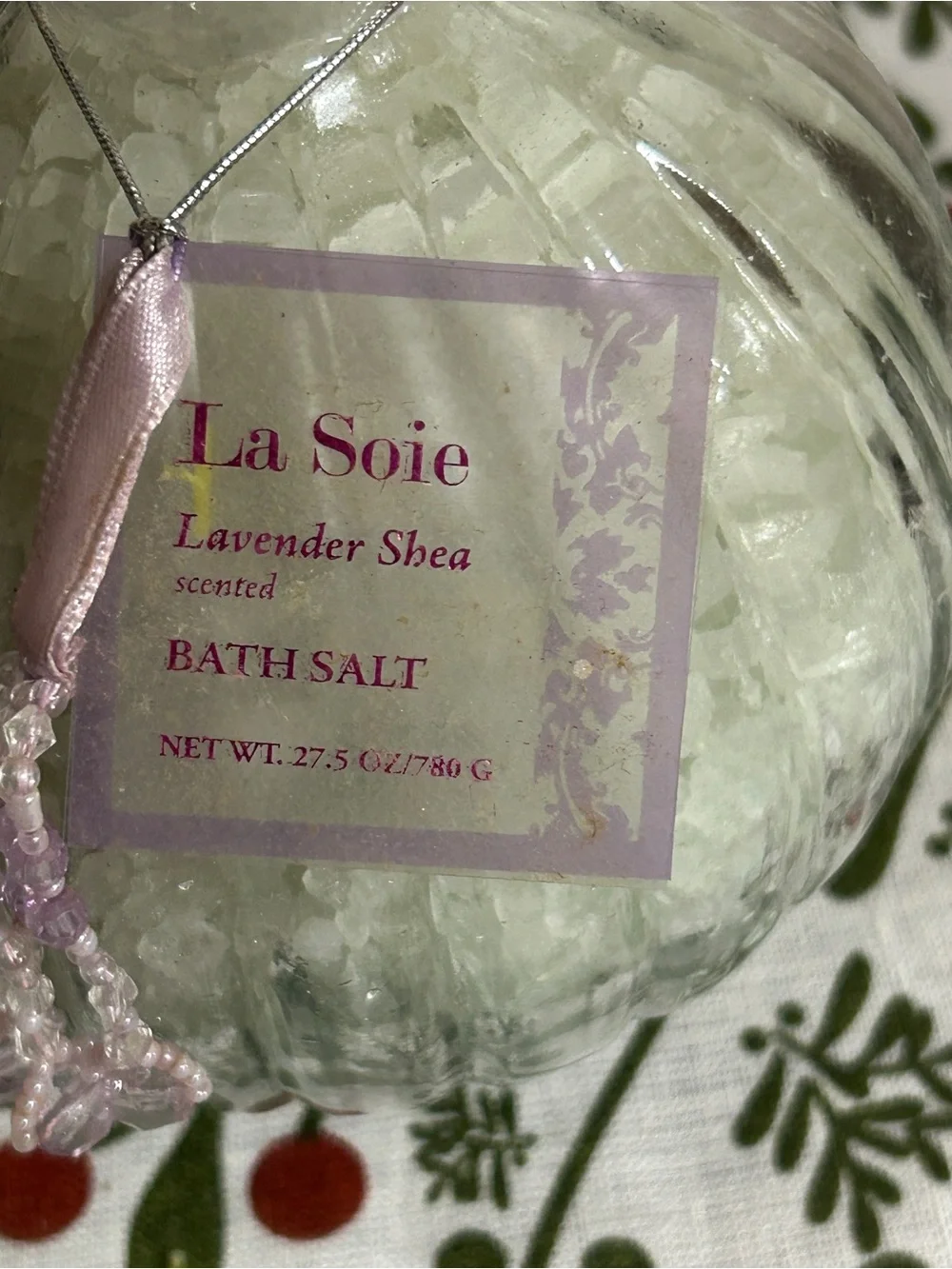 NWT La Soie Lavender Shea Scented Bath Salt in ribbed Glass Bottle